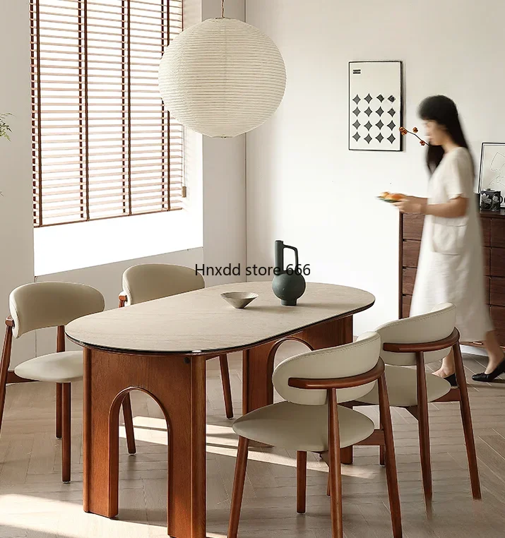 Modern simple Kalai travertine rock slab solid wood dining table