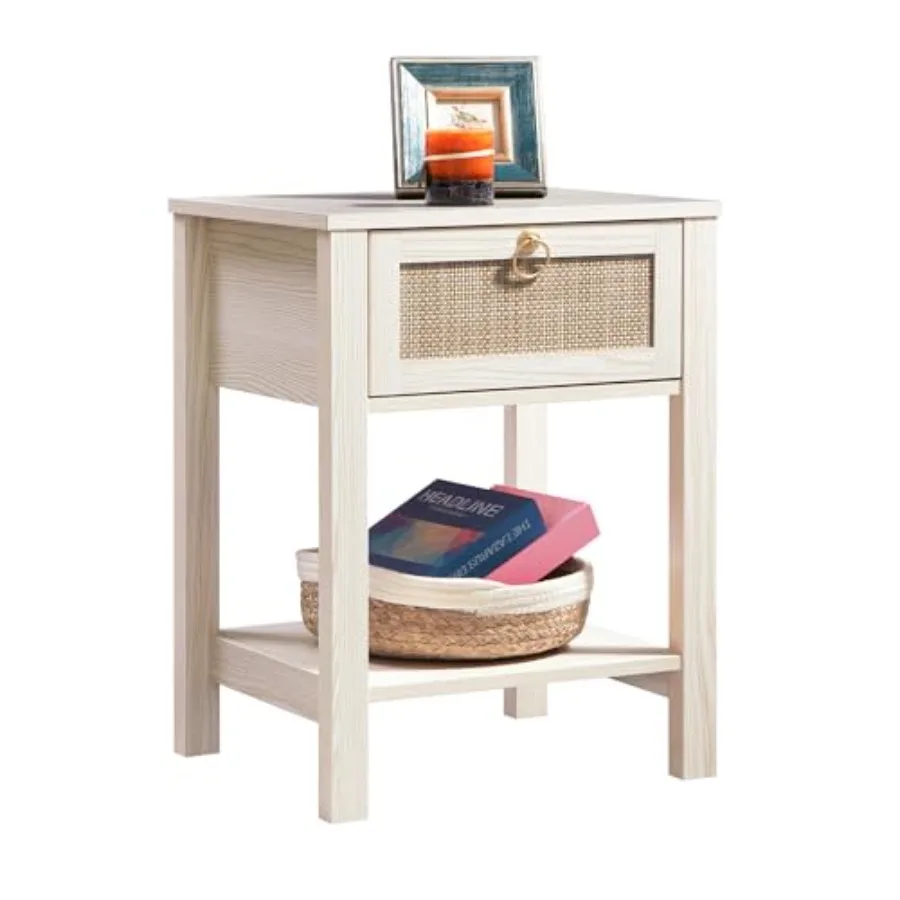 

White Rattan Nightstand Set of 2 with Brass Knobs Boho Bedside Tables with Drawers Storage Shelf for Bedroom or Small Space