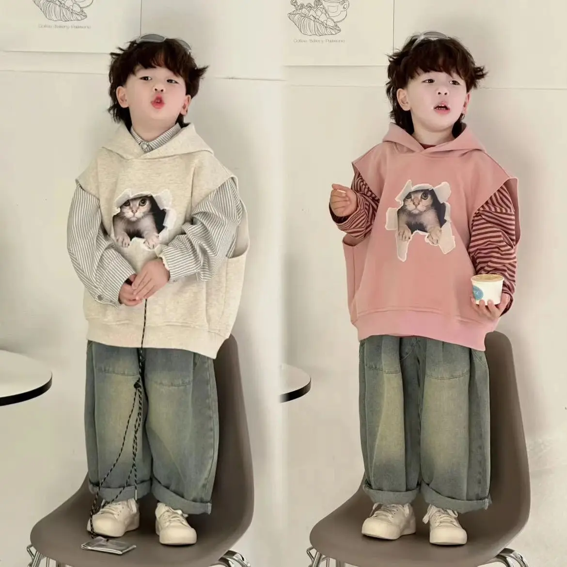 Boys' Sets 2025 Spring And Autumn Hooded Vest Sweatshirt Jeans Two-piece Suits Handsome Sweet Cat Print Fashion Casual Sets