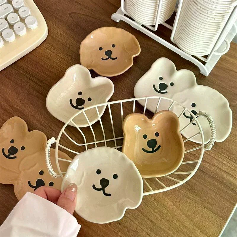 Adorável Prato de Cerâmica para Molho com Design de Cachorro e Urso - Tigela de Molho com Compartimento Simples/Duplo para Condimentos, Petiscos, Sushi, Molho de Soja
