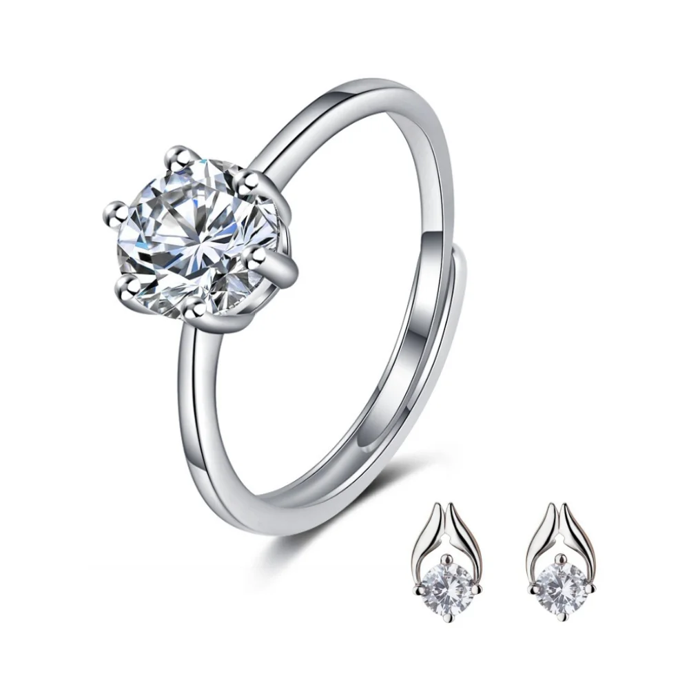 

Simple Stylish Zircon Jewelry Set: Open Ring + Earrings Sweet Six-Claw Index Finger Ring Women Jewelry