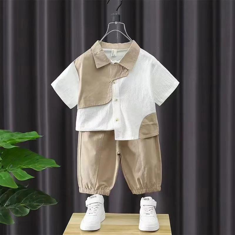 

Boys' Summer Short Sleeve Suit Male Treasure Foreign Style Korean Version Cargo Clothes Children's Shirt Fashion Handsome Kids