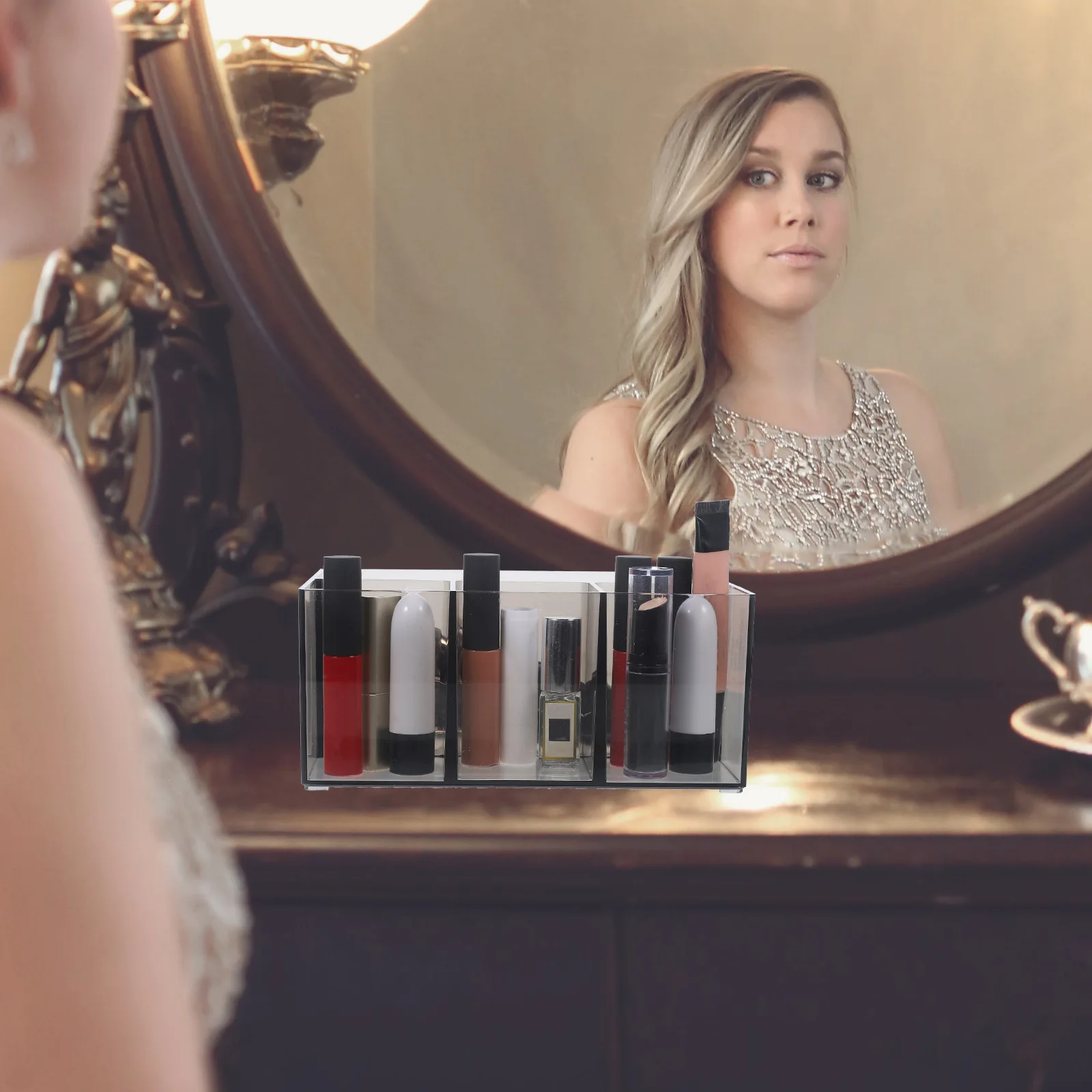 

Makeup Brush Holder Acrylic Organizer 4 Compartments Desktop Storage Brush Pencil Holder Organizer