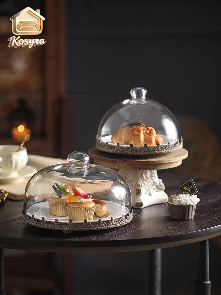 European retro glass cover transparent tray dessert shop tasting display decorations old white carved wood base