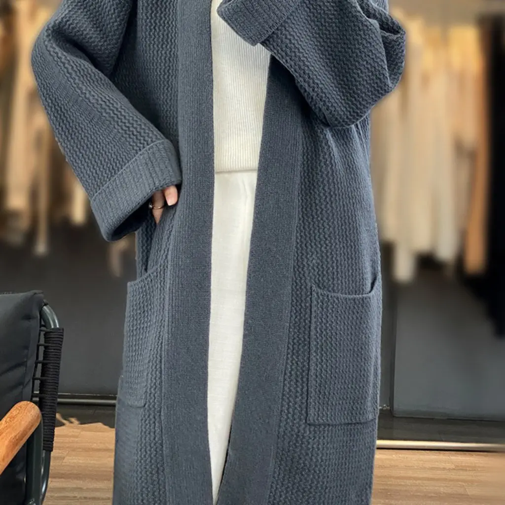 

Women's V-neck Knee-length Thickened Wool Coat Pure Wool Knitted Cashmere Sweater Heavy-weight Long Outer Shawl