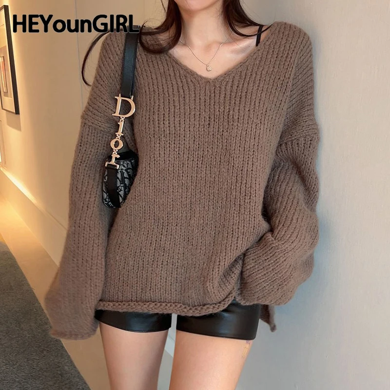 

HEYounGIRL Korean Brown Women Sweater Casual Minimalist Long Sleeve V Neck Winter Pullovers Knitwear Outfits Basic Lady Clothes