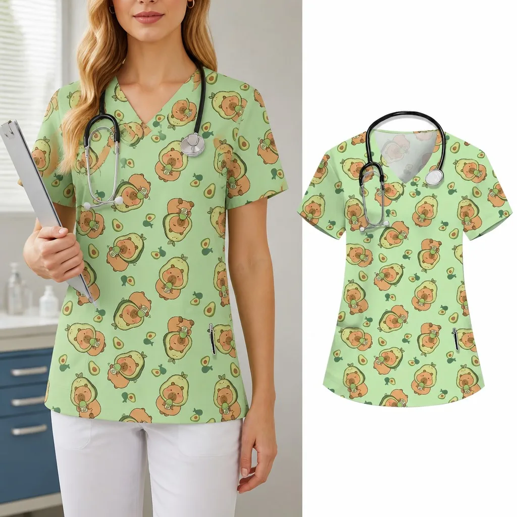 Women's Halloween Cartoon Print V-Neck Short-Sleeve Frosted Top 2026 Holiday Party Nurse Uniform Women's T-Shirt