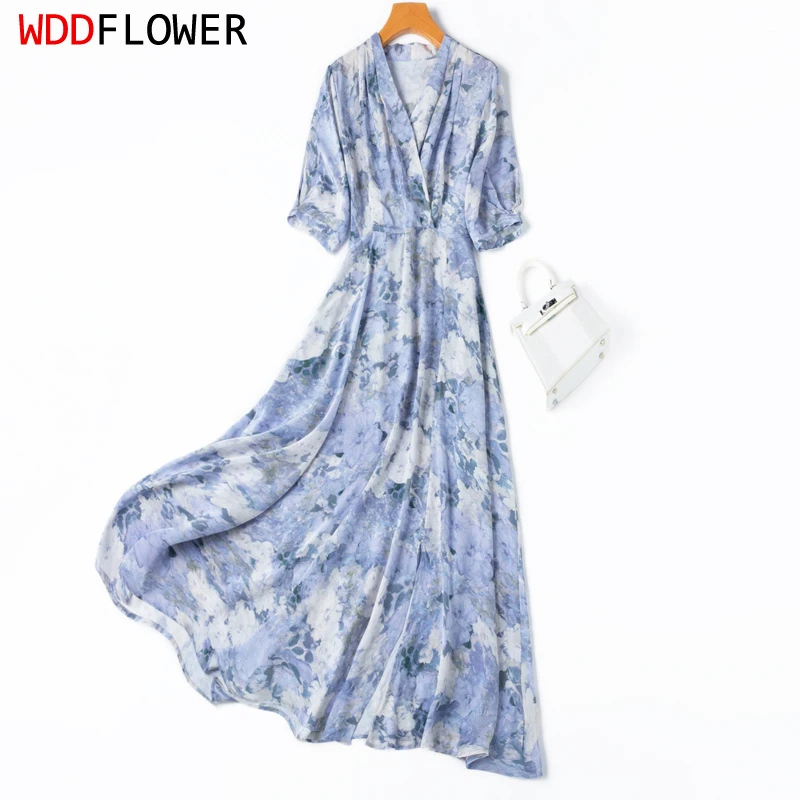 

Women Silk Midi Dress 100% Mulbery Silk Blue Flowers Printed Slit Big Hemline V Neck Short Sleeve Long Type Dress M L XL M1315