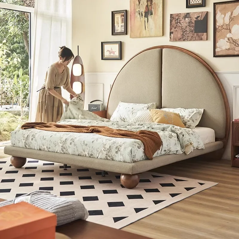 Solid wood retro mushroom bed 1.8 meters double bed French small apartment 1.5 meters round ball fabric bed