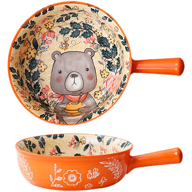 Single Handle Ceramic Bowl Noodle Bowls Forest Animal Design Large Dish Restaurant Household Flower Bowl Home Decoration