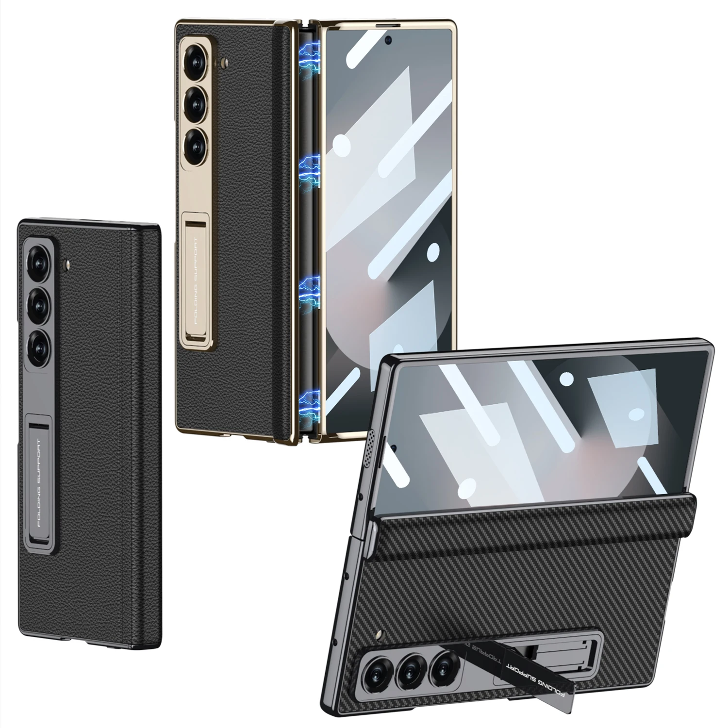 Luxury Plating Hinge Leather Case For Samsung Galaxy Z Fold 6 Magnetic Hinge Bracket Plastic Hard Cover For Galaxy Z Fold 6 Case