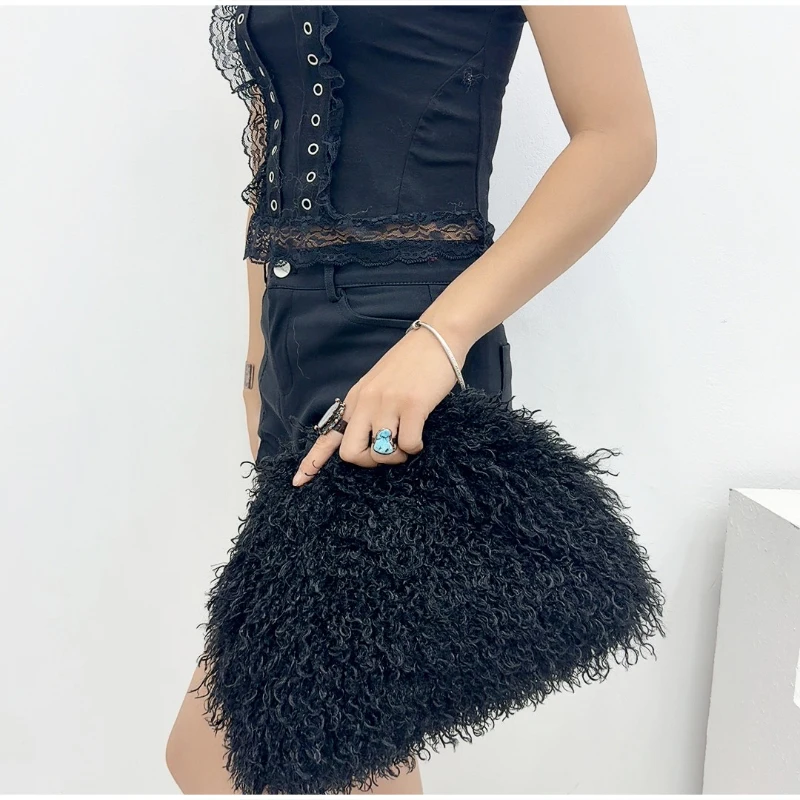 Lange, lockige, flauschige Kunstfell-Clutch-Tasche, Damen-Handtasche mit plissierter Wolken-Plüsch-Textur für Party, Hochzeit, elegante Abendtasche, Herbst-Winter – Detail 40