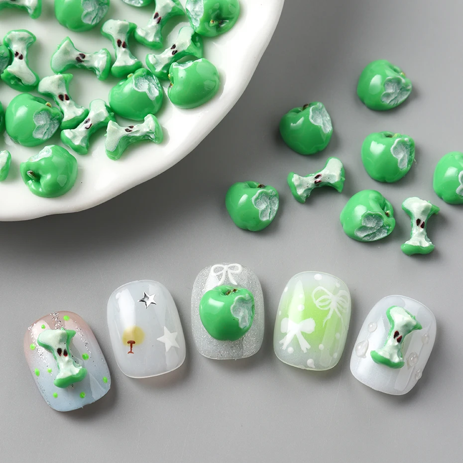 3D Realistic Bitting Green Apple Nail Charms Resin Fruit Series Apple Chip Acrylic Nail Art Decoration Manicure Supplies
