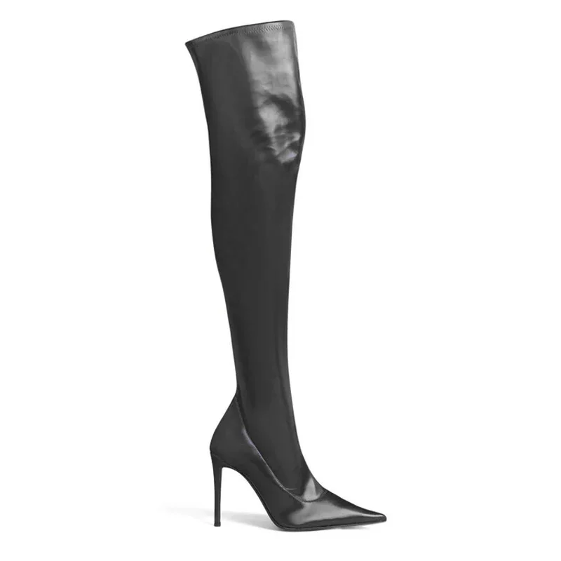 Glatte Mikrofaser-Damen-Stiefel, sexy, große Größe 46, lange Stiefel, spitze Zehen, Stiletto, dünner Absatz, Schuhe, weites Bein, große Füße über dem Knie