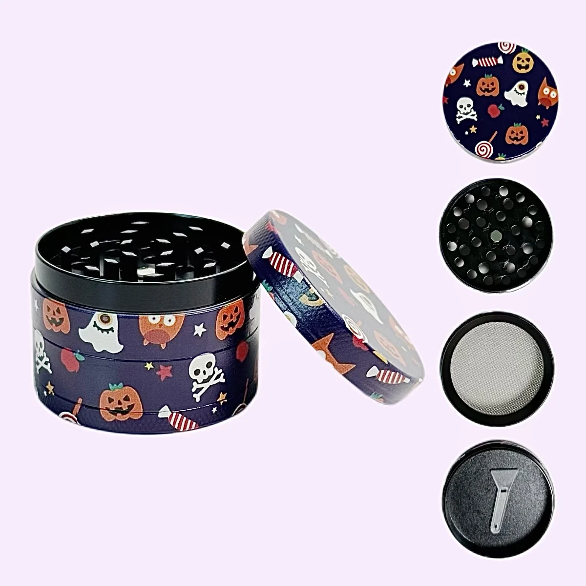 

2inch5cm Halloween Pattern4 Layer Zinc Alloy Herb GrinderPollen Catcher Cleaning Brush Magnetic Closure Manual Smoking Tool Gift
