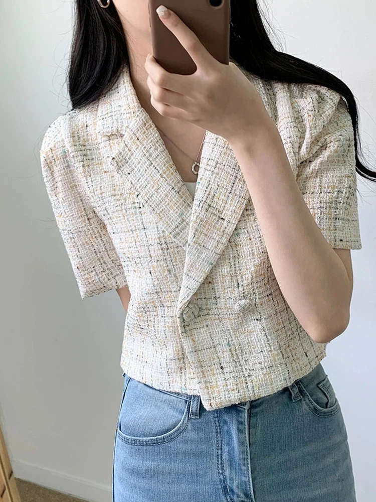 Chic Short Sleeve Woolen Coat Summer Style Women's Fashion Commute Bubble Sleeve Design Casual Short Coat Jacket Top