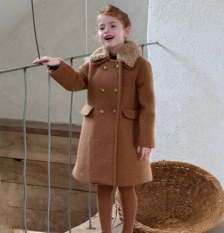 

Осень-зима 202, новые милые двубортные пальто для девочек, пальто средней длины с волосатым отложным воротником