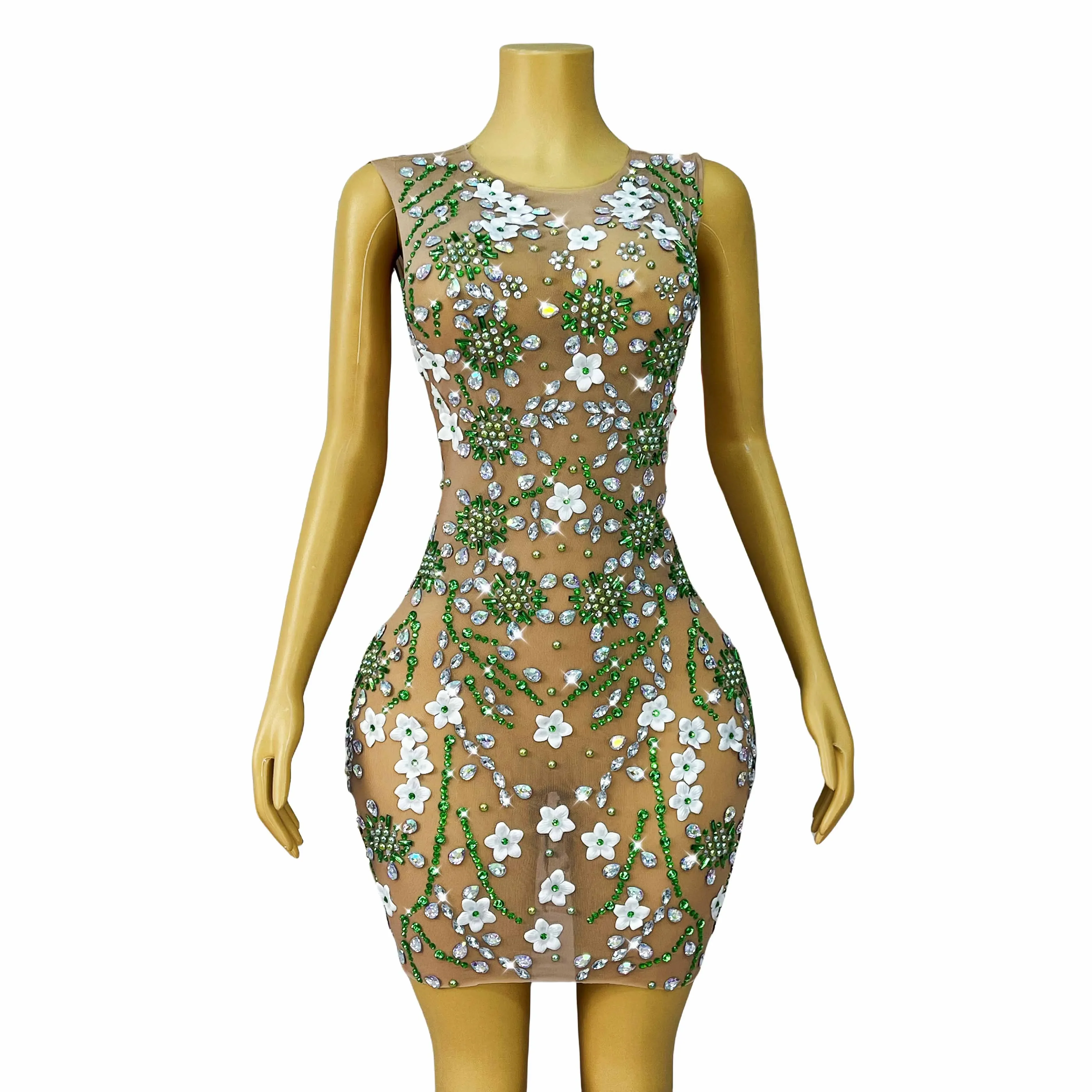 Mulheres cocktail festa mostrar tapete vermelho vestido realizar traje elegante flores brancas brilhantes strass sexy vestido de malha nua