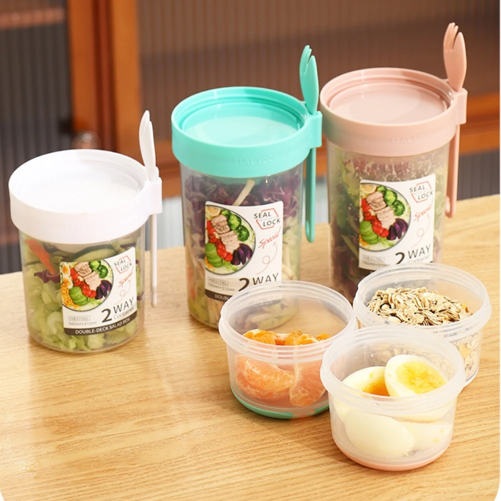 Portable Blender Double-layer PP Salad Cup with Fork Seal Washable Light Meal Scale Juice Cup  Large Capacity Fat Reducing Cup