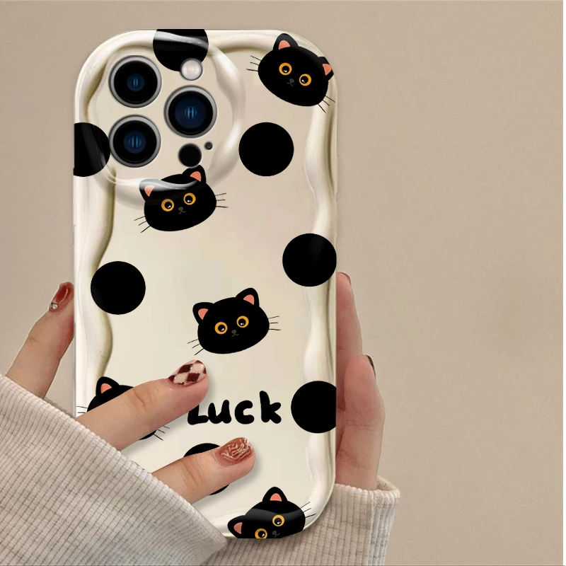 Creative Black Cat Cartoon Wavy Phone Case for IPhone 17 16 15 14 13 12 11 Pro Max Plus 17Air 16E XR XS X 7 8 Shockproof Cover