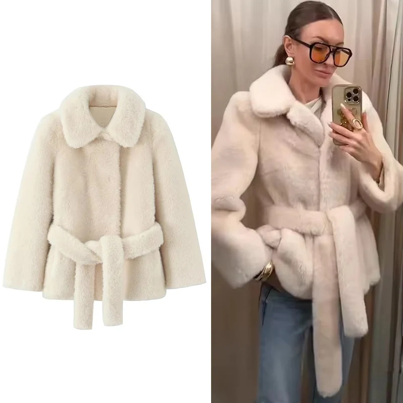 

Autumn Winter New Luxury Solid Belted Faux Fur Coat Women Thick Warm Fluffy Plush Jacket Female Fashion Overcoats