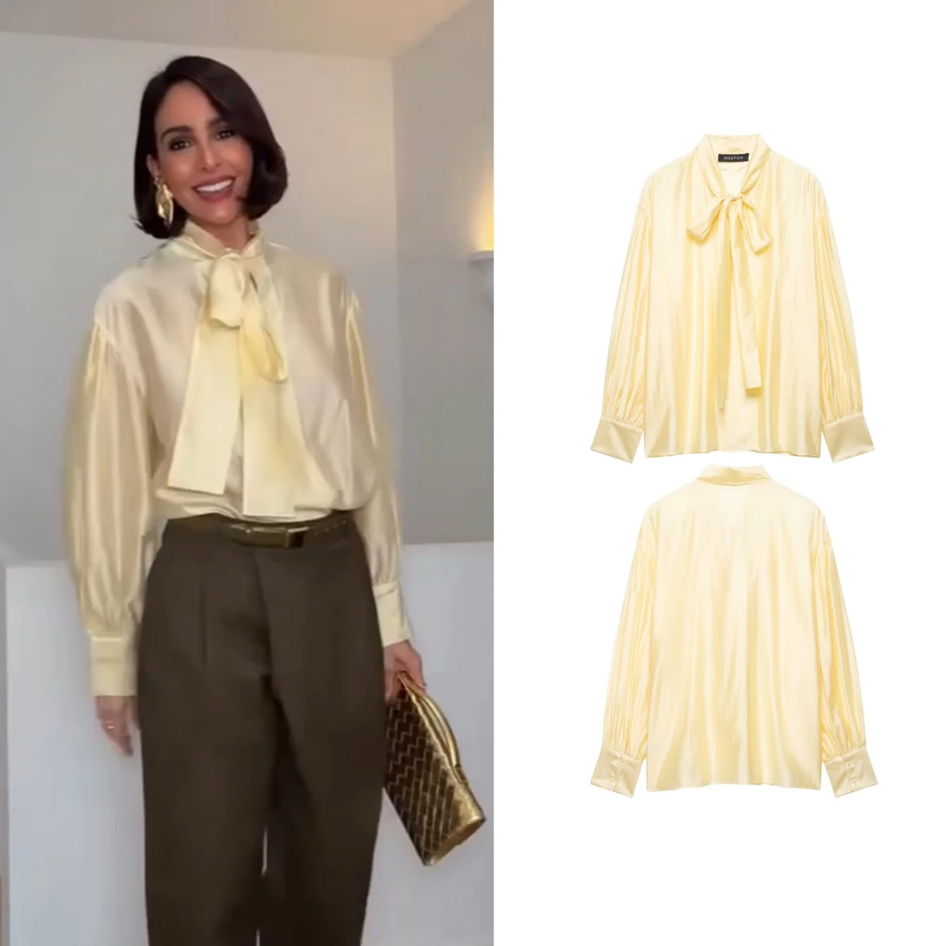 

Women's Trendy V-Neck Shiny Blouse Spring New Female Yellow Elegant Chic Bow Satin Shirts Lady Fashion Commute High Street Blous