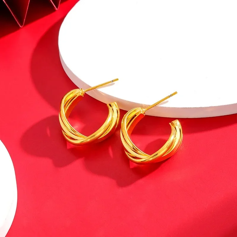 Luxury 24K 9999 Pure Gold C- shaped Earrings Women's Light Luxury Ear Ring Niche Simple Elegant Earrings