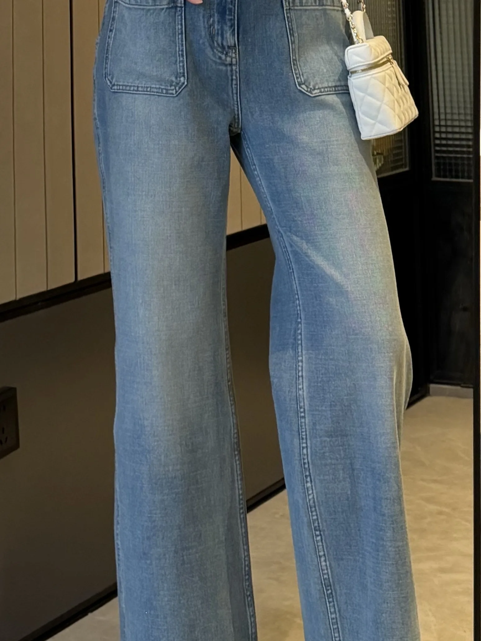 

Heavyweight Luxury Sea Salt Late Wind Mixed Lenzing Cotton Classic Slimming Micro Flare Denim Jeans High Waist Straight Leg
