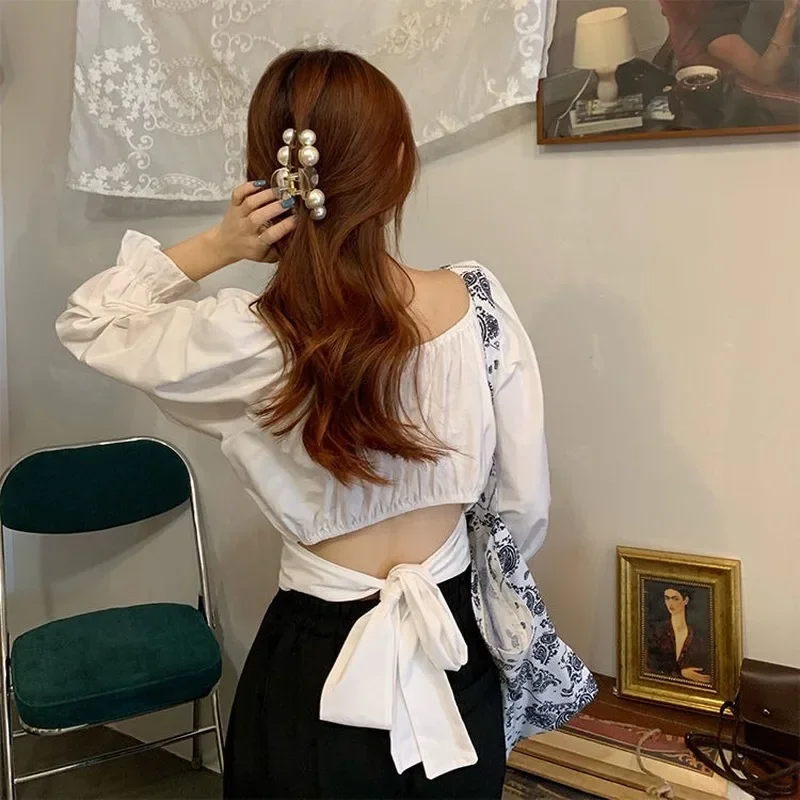 Blouses Women Cropped Spring Casual Ulzzang Solid All-match Daily Simple Square Collar Shirts College Trendy Lace-up Slim Ladies