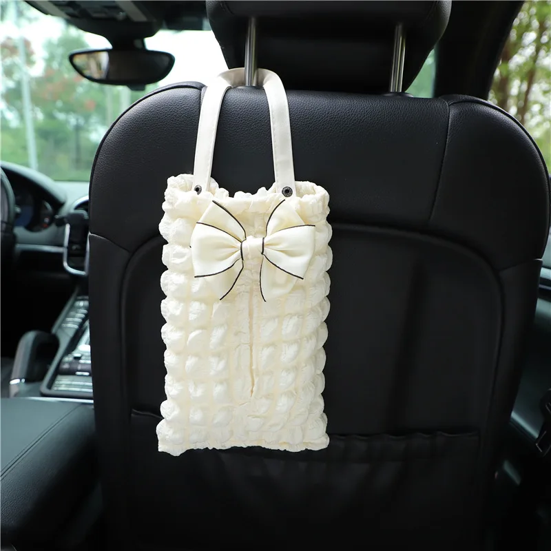 Puff Knit Car Tissue Box Holder, Cute Cartoon Bear Hanging Auto Tissue Dispenser, Soft Car Seat Back Organizer for Car