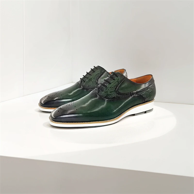 

Platform Dress Shoes Men's Cow Leather Shoes Lace-Up Brogue Round Toe Office Business Wedding Footwear