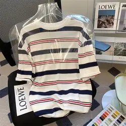 2023 New Summer Casual Striped O-neck Short Sleeve T-Shirt Women Clothes Simplicity Patchwork Loose Top Tee All-match Pullover
