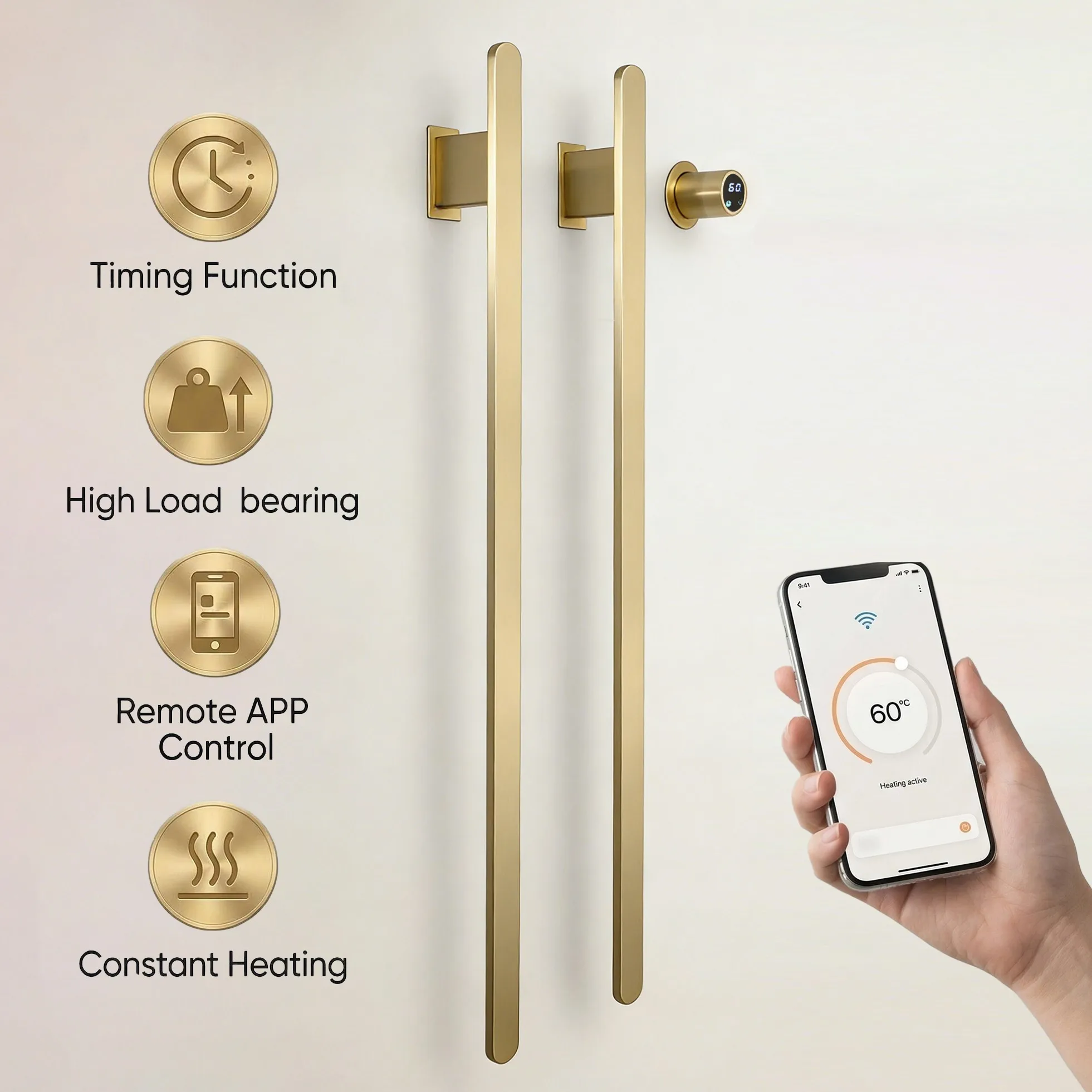 

Золотистый вертикальный полотенцесушитель для больших полотенец и халатов, с скрытой проводкой, для ванной комнаты, с контролем температуры и времени