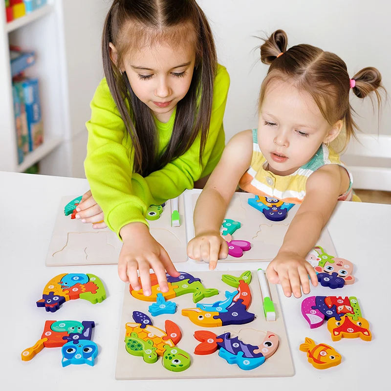 Wooden Animal Parent-Child Drawing Board 3D Puzzles Double-Sided Digital Puzzles Children\'s Cartoon Early Education Toys Gifts