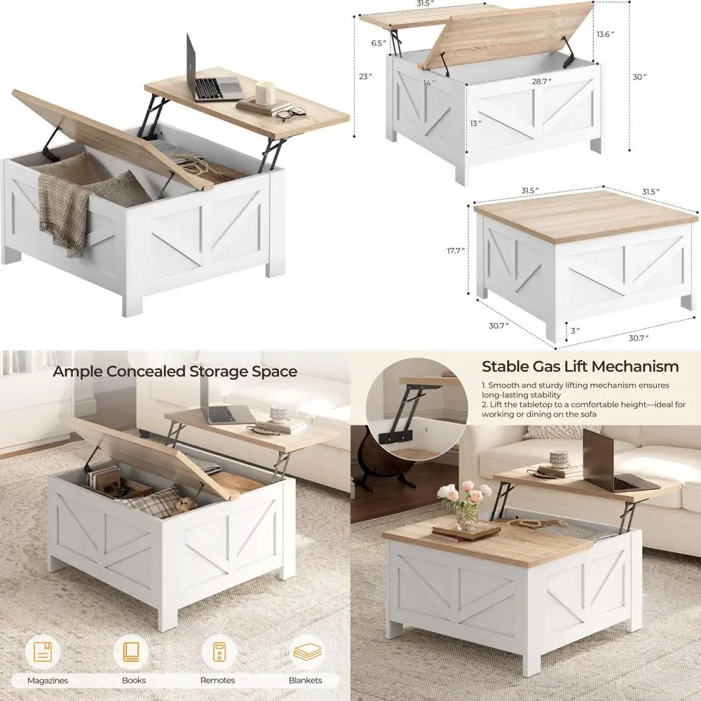 

Farmhouse Style Lift Top Coffee Table with Storage, Square Living Room Center Table, 31.5 Inches Wide