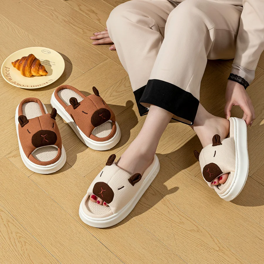 Women's Indoor Soft Home Slippers Summer Cute Capybara Cartoon Flax Thick Sole Anti-slip Bedroom Comfortable Fashion Shoes image 5