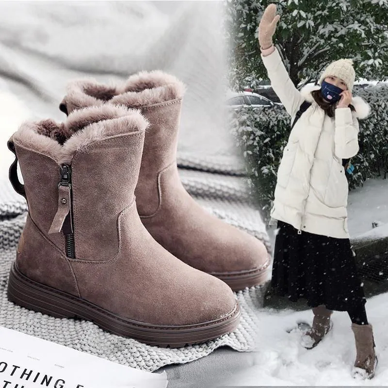 Women Snow Boots Plush Flock Zip Solid Female Boots Mid-Calf Comfortable Keep Warm Leisure Ladies Winter Footwear Fashion Boots