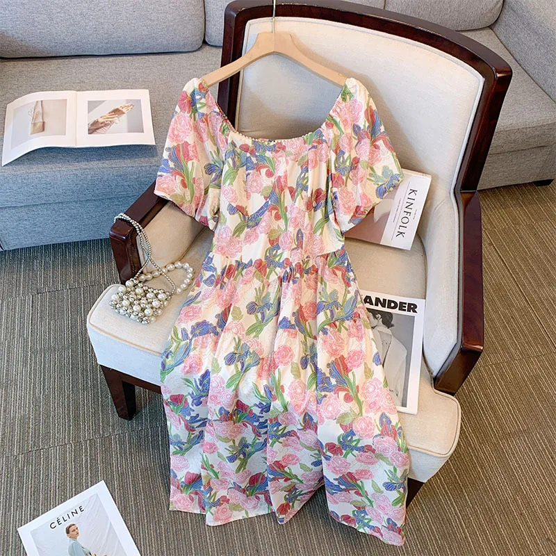 Large Size 7XL 150kg Women Floral Dress Casual Loose Short Sleeve High Waist Dress Slash neck Princess Kawaii Flower Dresses