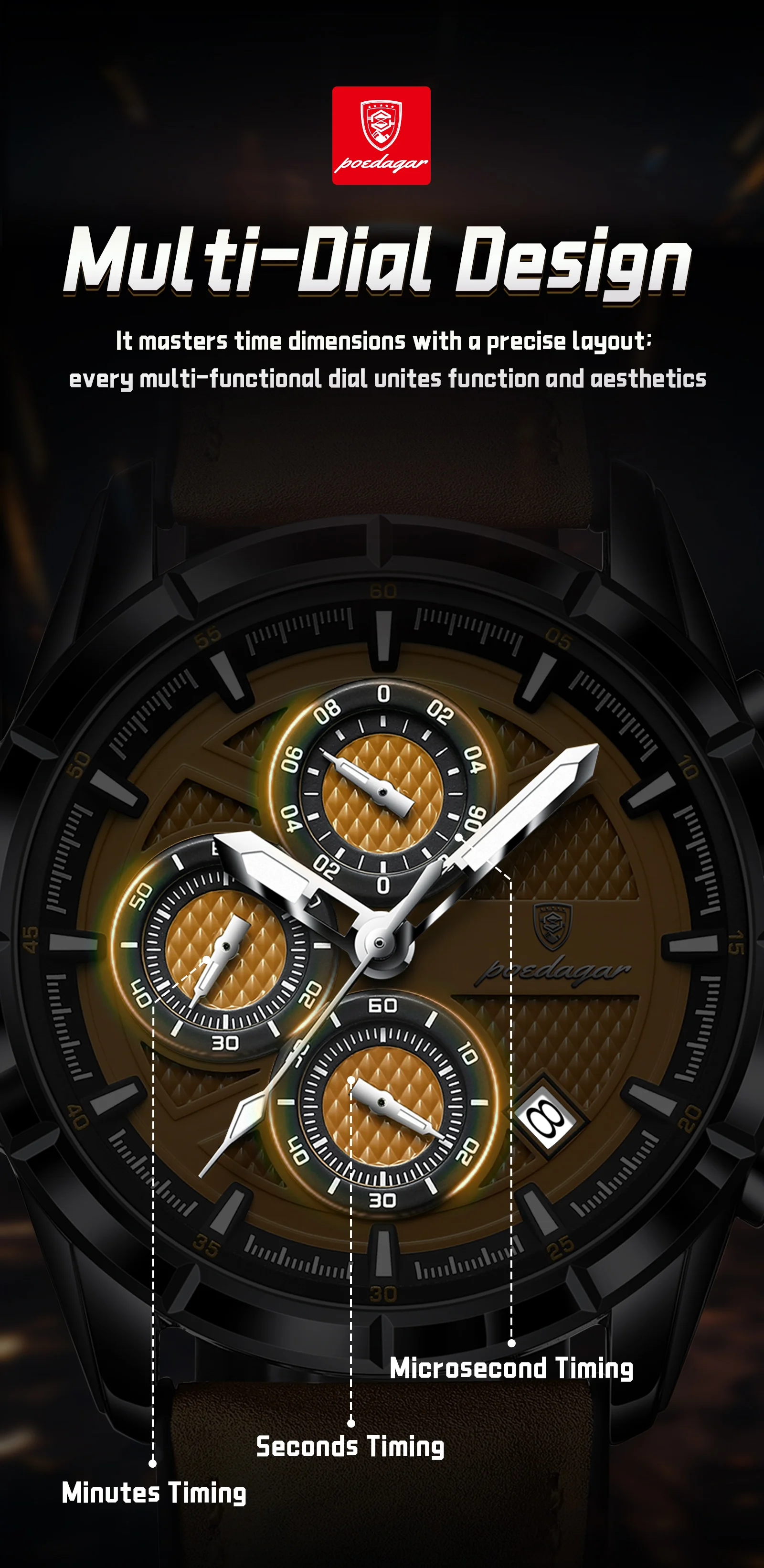POEDAGAR Top Vintage Herren Armbanduhr Quarz Mode Leder Herrenuhren Datum Chronograph Wasserdicht Leuchtend Business Herrenuhr – Detail 6