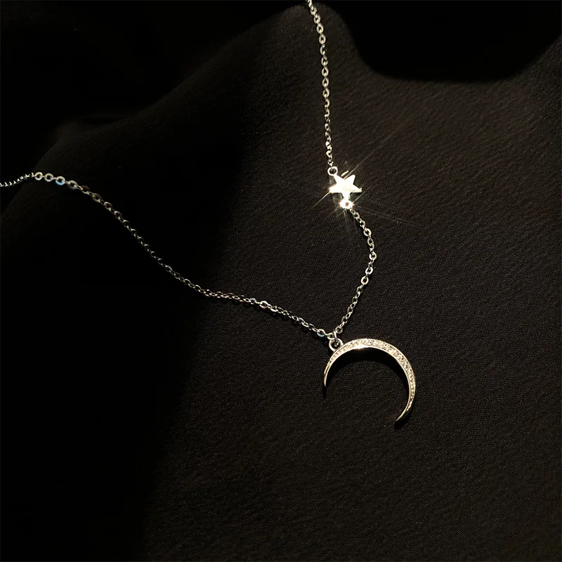 S925 sterling silver necklace high sense moon star necklace simple collarbone chain personality temperament