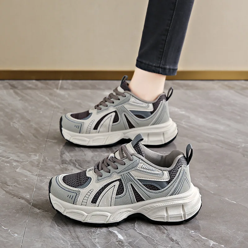 2026 Chunky Sneakers Women Mesh Leather Platform Shoes Mixed Colors Lace-Up Lady Trendy Trainers Thick Sole Handmade - view 3