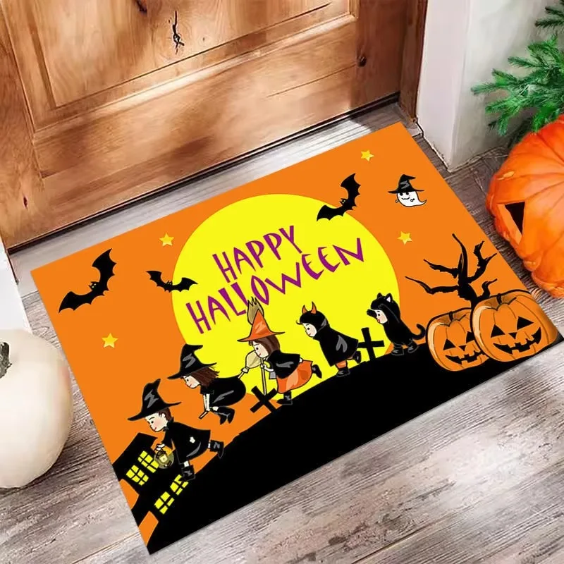 Fußmatte mit Halloween-Thema und Kürbisfledermaus, schwarze Katze, Geisterburg, Muster, lustige Cartoon-gruselige Atmosphäre, dekorativ