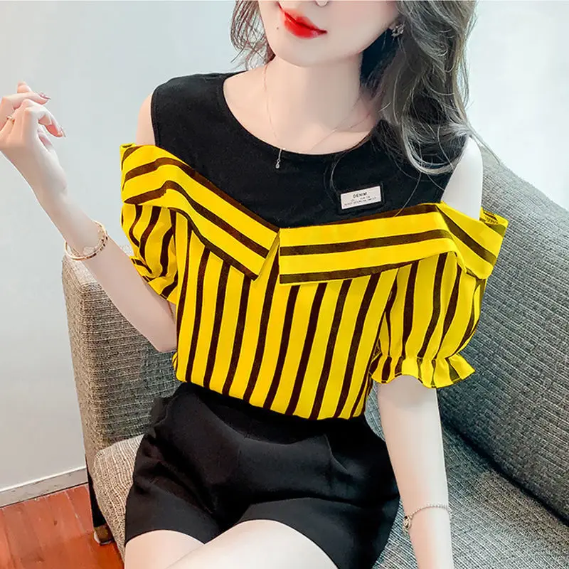 Women\'s Fashion Korean Striped Printed Off Shoulder Shirt Summer All-match Casual Two Piece Set Spliced Blouse Female Clothing