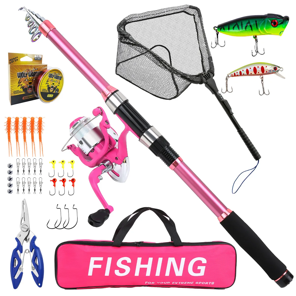Fishing Pole Set Full Kits With Telescopic Fishing Rod And Spinning Reel Baits Hooks Travel Pole Set Bait, hook, tackle set