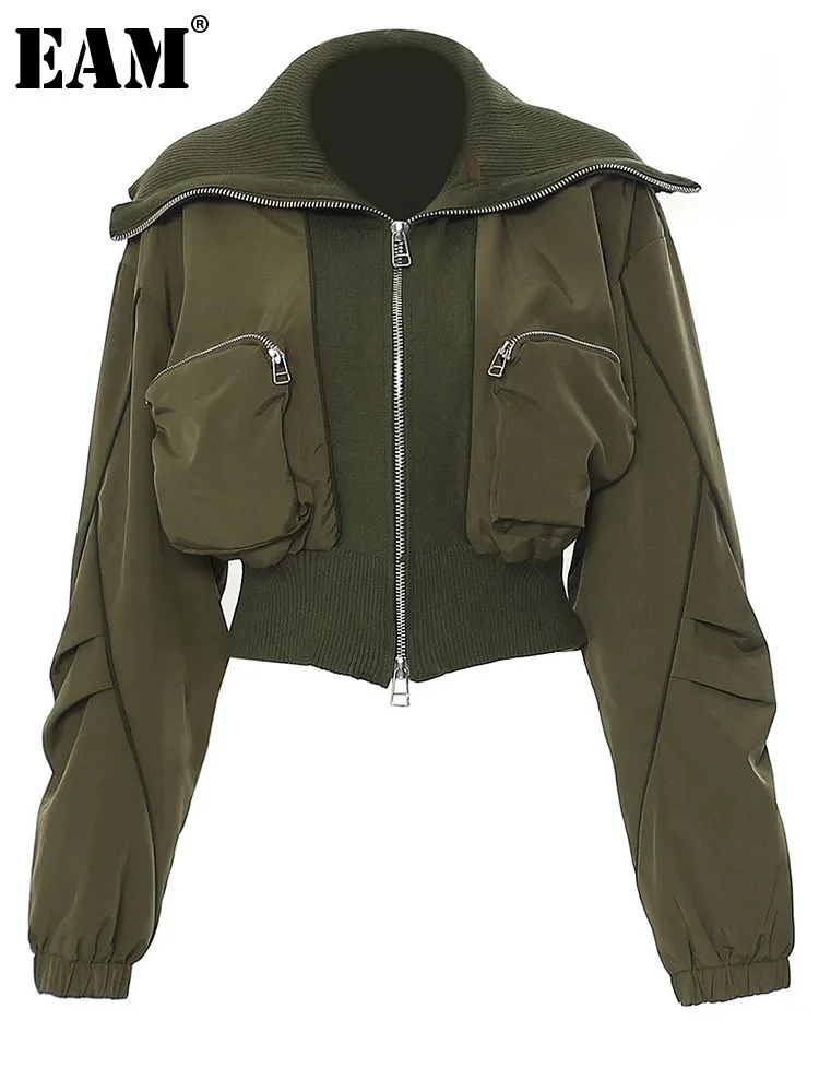 

[EAM] Loose Fit Army Green Big Pocket Casual Jacket New Lapel Long Sleeve Women Coat Fashion Tide Spring Autumn 2024 7AB1819