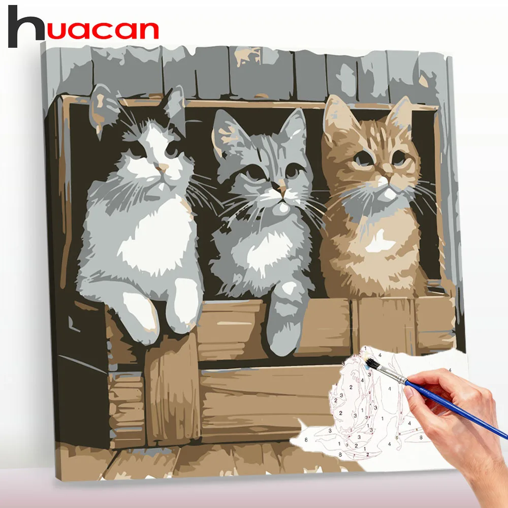 Huacan Malen nach Zahlen, drei Katzen, DIY, digitales Ölgemälde, Tierbild, Kunsthandwerk auf Leinwand, Heimdekoration, Geschenk