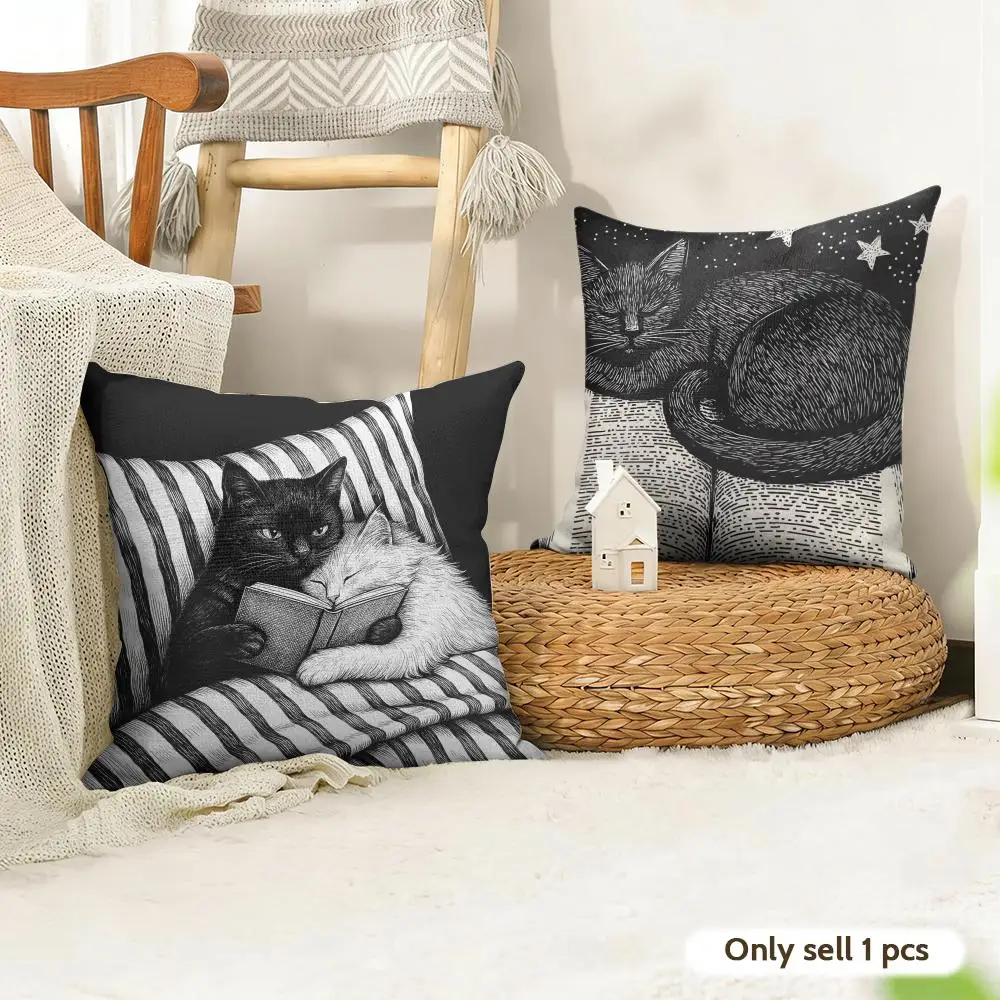 Couple cats Cushion Cover Natural Linen Double Sided Print  Throw Pillow Case for Sofa Couch Home Decor