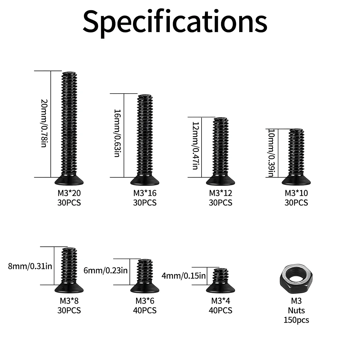 380Pcs M3 Flat Head Machine Screws and Hex Nuts Kit Black Countersunk Head Phillips Screws Bolts Nuts Assortment Kit