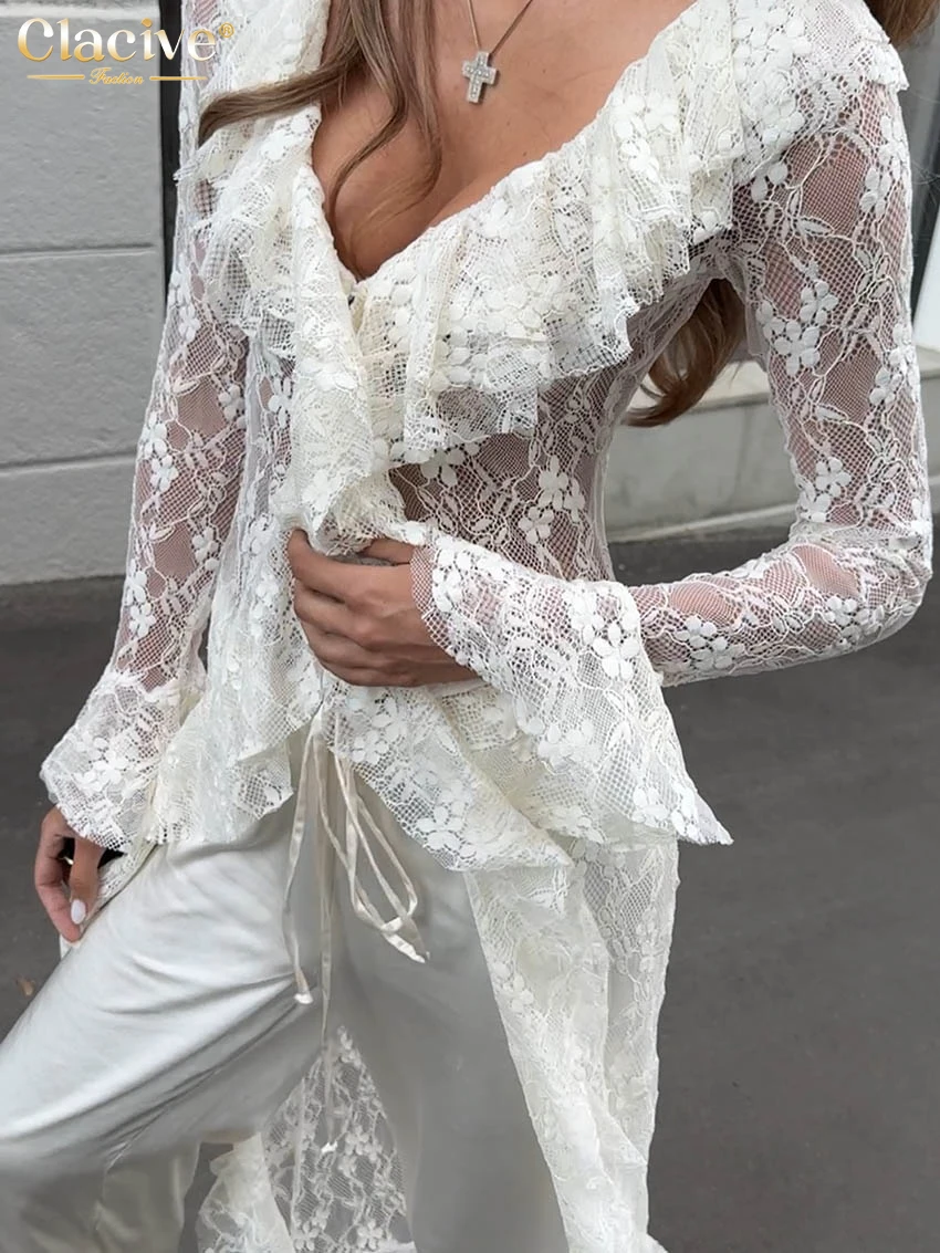Clacive Sexy Loose Apricot Lace Women's Shirt 2025 Fashion V-Neck Long Sleeve Shirts Elegant Classic Ruffles Top Female Clothing