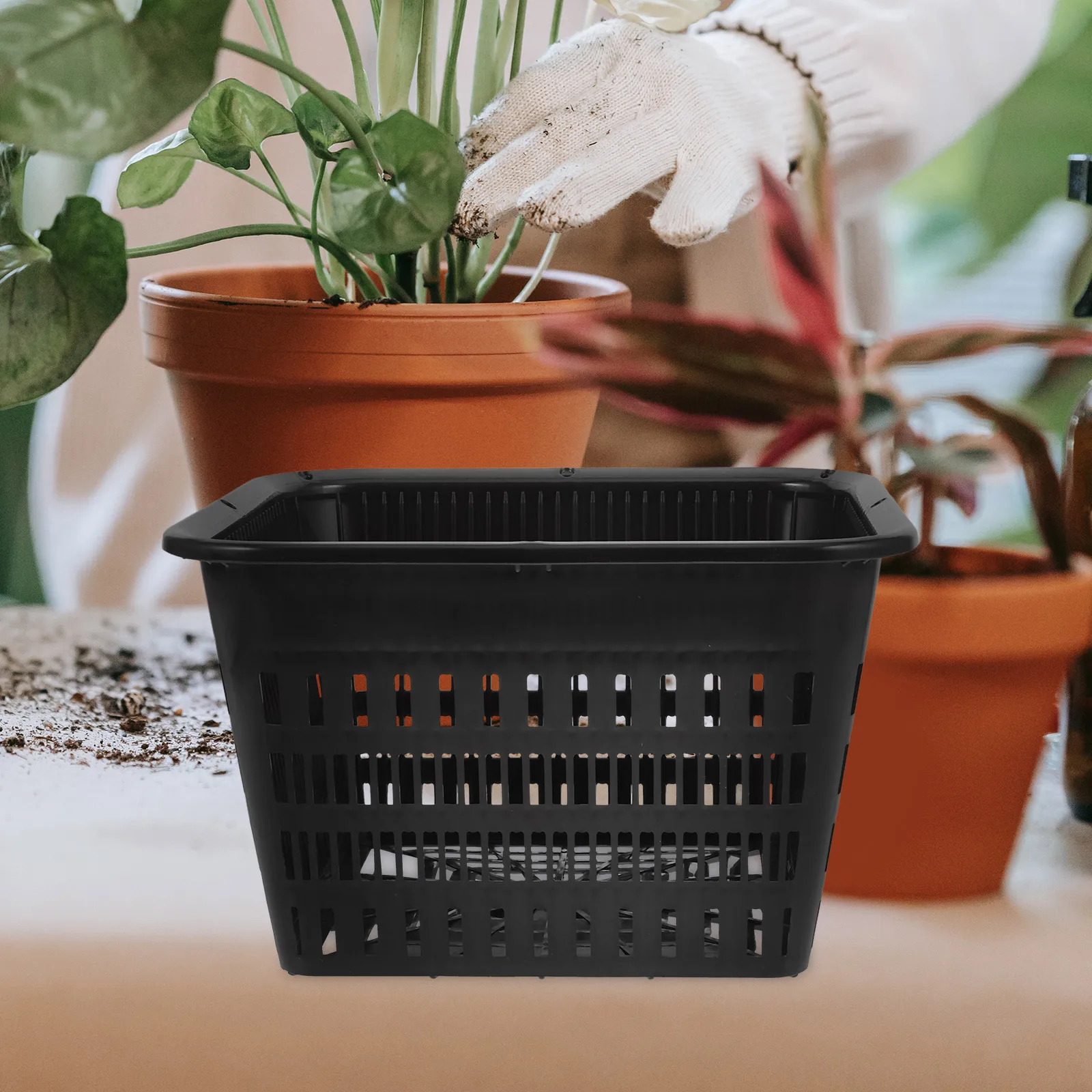 4pcs Root Control Planting Baskets 180mm Black Square Plastic Net Cups Hydroponics Garden Balcony Pots Flower Containers
